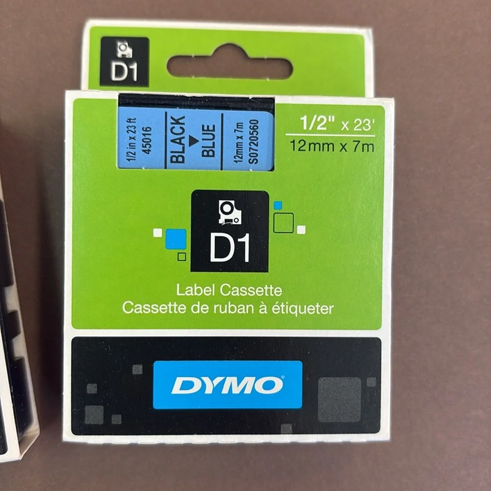 🟢 FREE WITH ANY PURCHASE OVER $10. (2) DYMO D1 Label 1/2” x 23’ Black on Blue